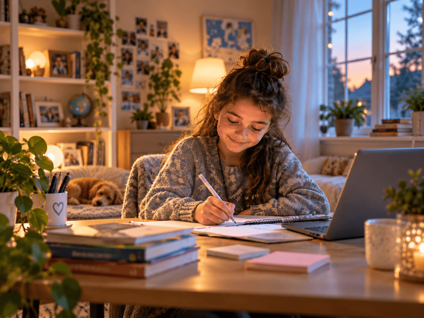 A girl writing in her notebook at her desk beside a laptop