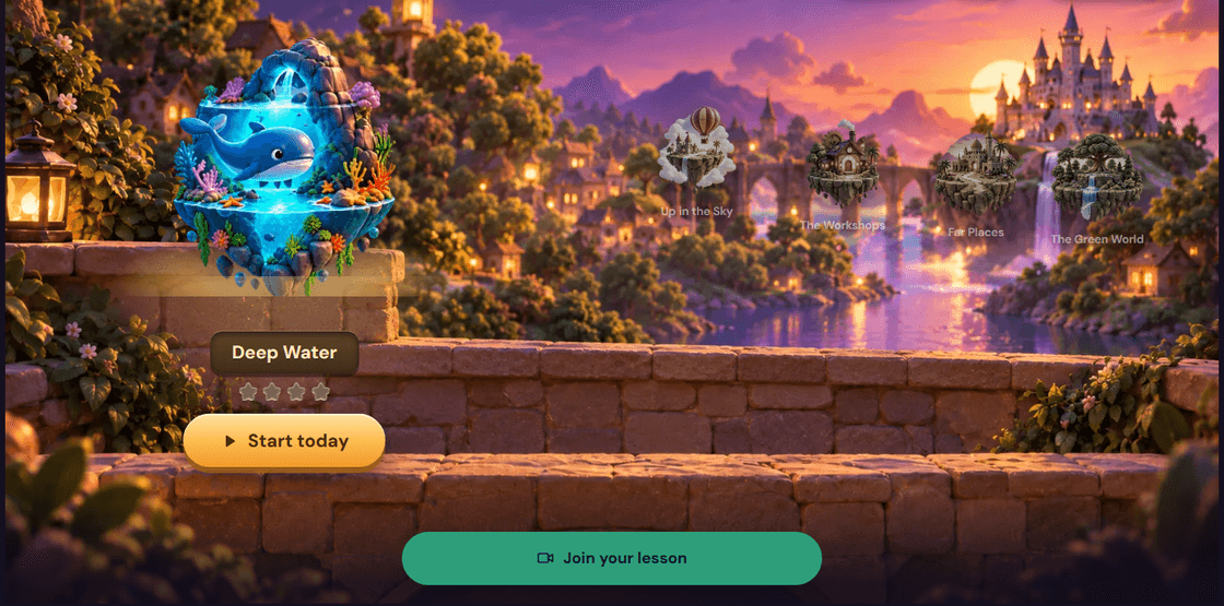 A child's home screen: a stone bridge at dusk with her own kingdom, Deep Water, lit up close and four more kingdoms far off on the horizon