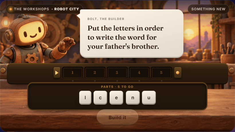 Words set as brass plates on a robot's workbench, waiting to be put into the right order