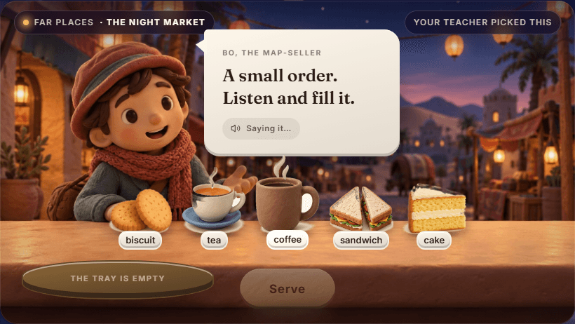 A night market counter holding a cookie, a tea, a coffee, a sandwich and a cake, each with its name on a card