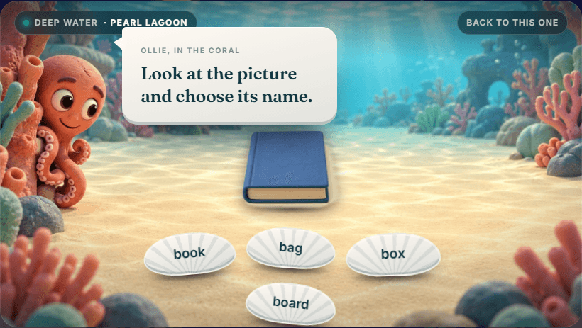 A lagoon with a cup of tea lying on the sand and the words tea, water, soup and milk written on shells around it